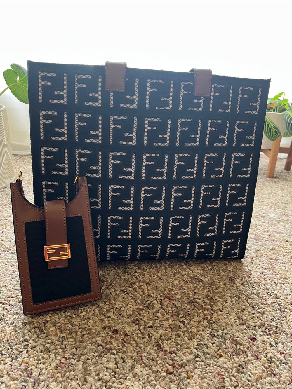 Fendi Black & Brown FF Logo Canvas Tote with Brown Leather Phone Pouch